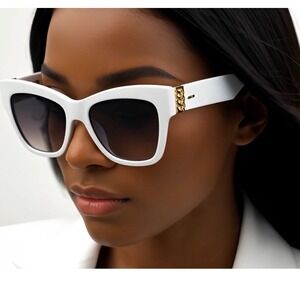 White Cat Eye Sunglasses Gold Chain White Fashion Sun Glasses Lentes Mujeres New